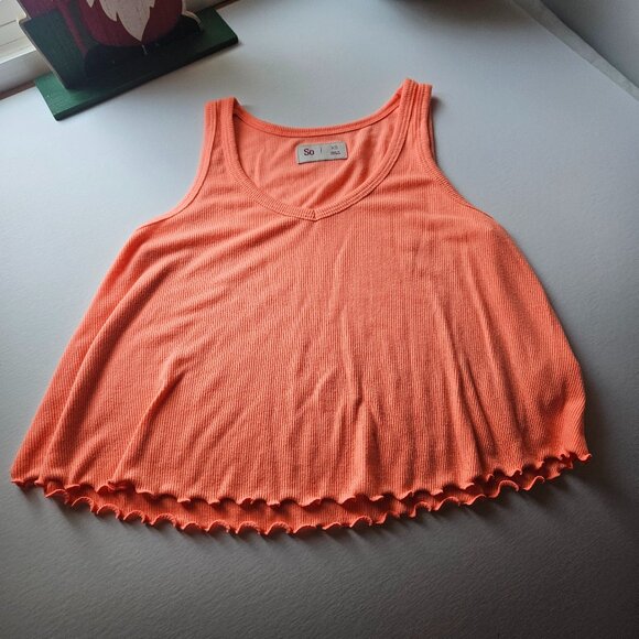 Ribbed Lettuce-Hem Tank Top – Bright Coral Orange, Size XS - Picture 1 of 3